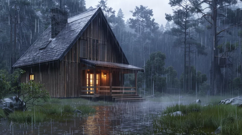 Chalet bois sous pluie battante